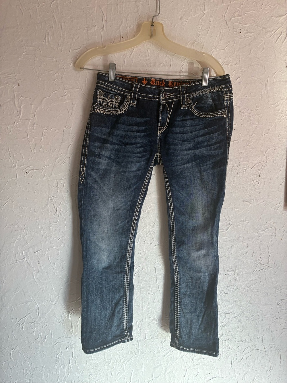 Rock Revival Dark Blue Capri Jeans with Embroidered Pockets (Serena)